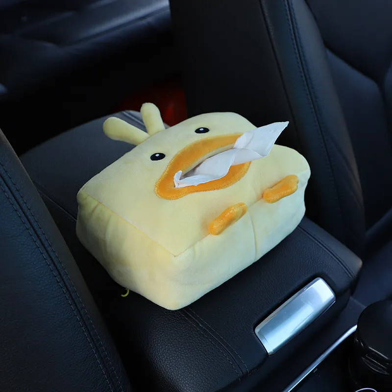 Hanging plush cartoon tissue box with elastic strap for car armrest or office chair mounting