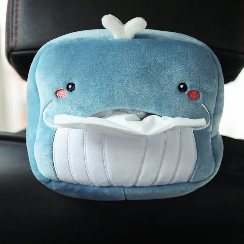 Hanging plush cartoon tissue box with elastic strap for car armrest or office chair mounting