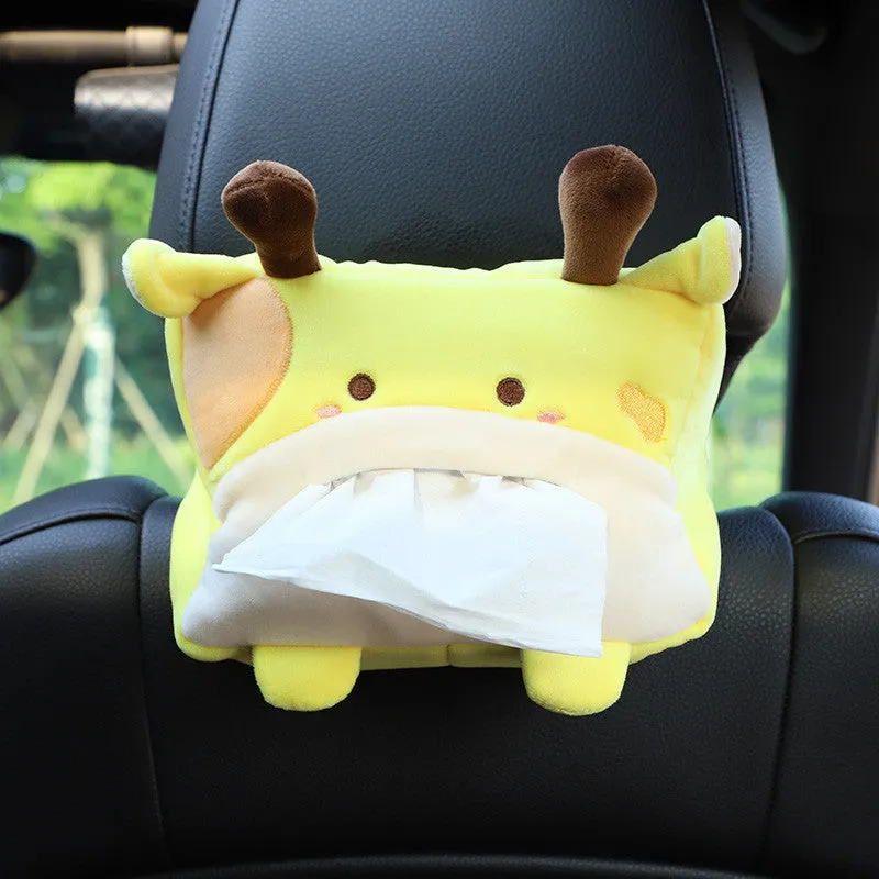 Hanging plush cartoon tissue box with elastic strap for car armrest or office chair mounting