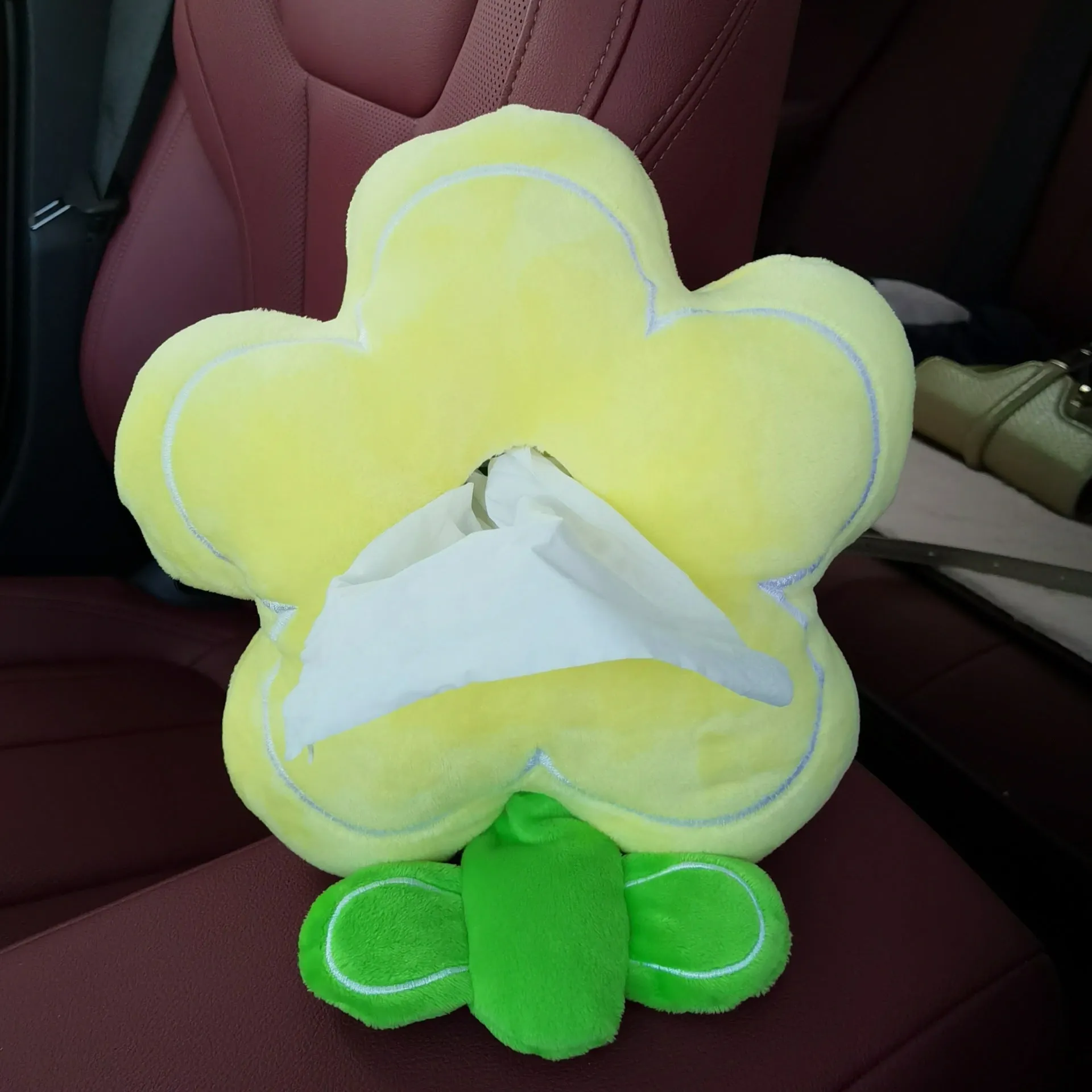 Hanging plush cartoon tissue box with elastic strap for car armrest or office chair mounting