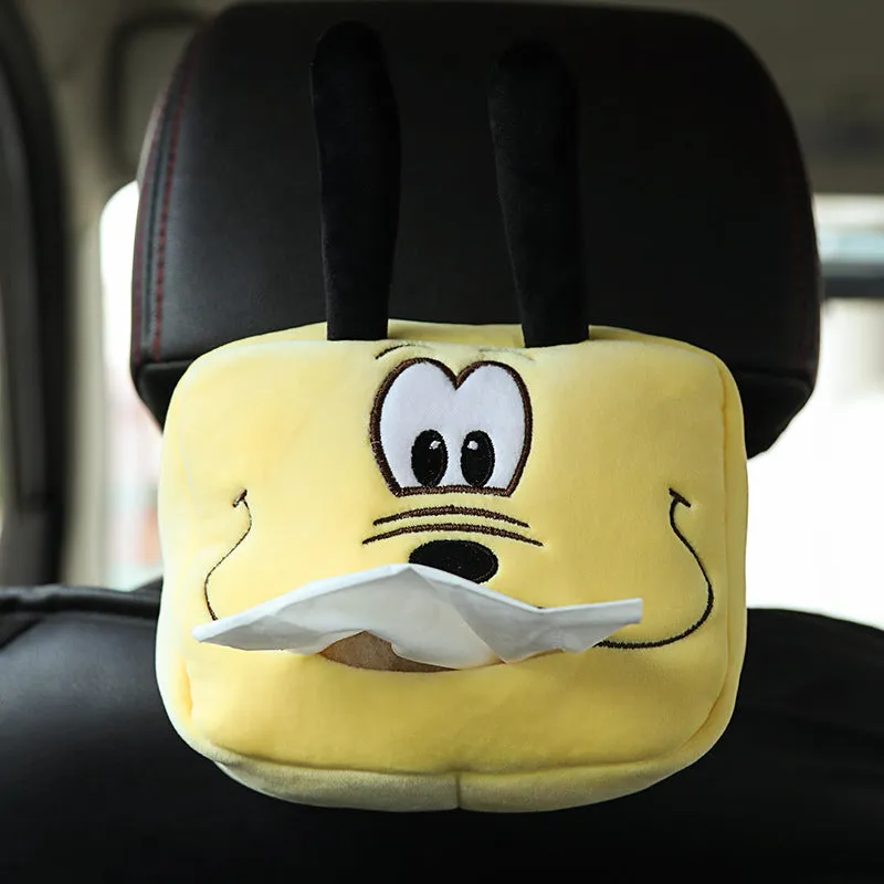 Hanging plush cartoon tissue box with elastic strap for car armrest or office chair mounting