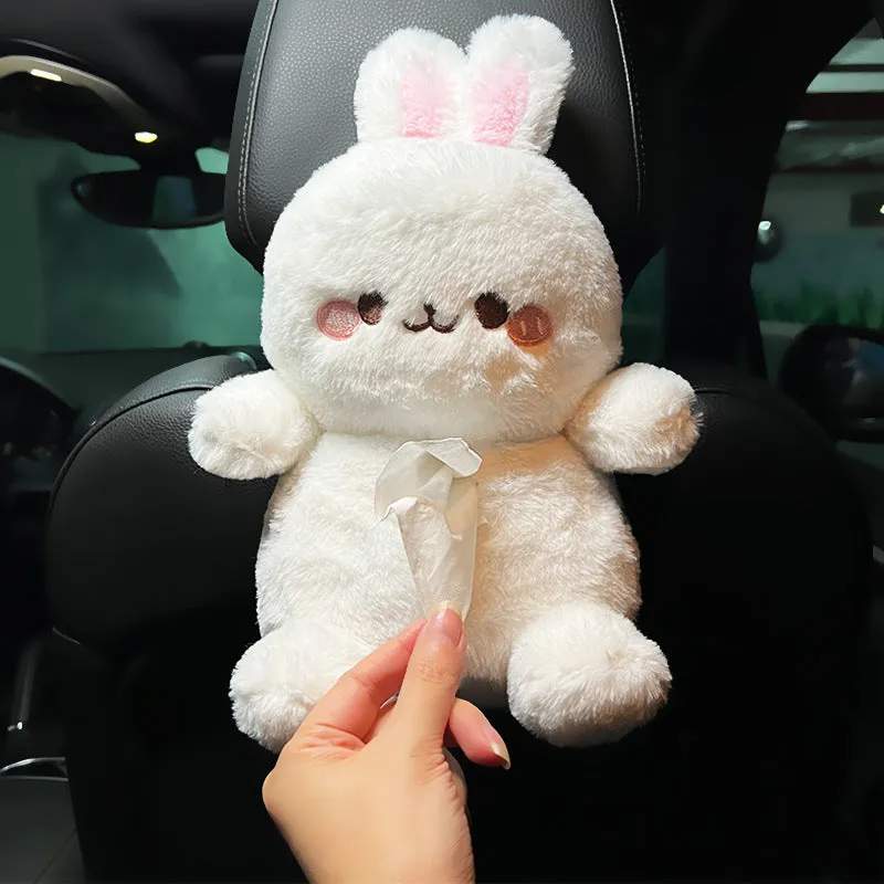 Hanging plush cartoon tissue box with elastic strap for car armrest or office chair mounting