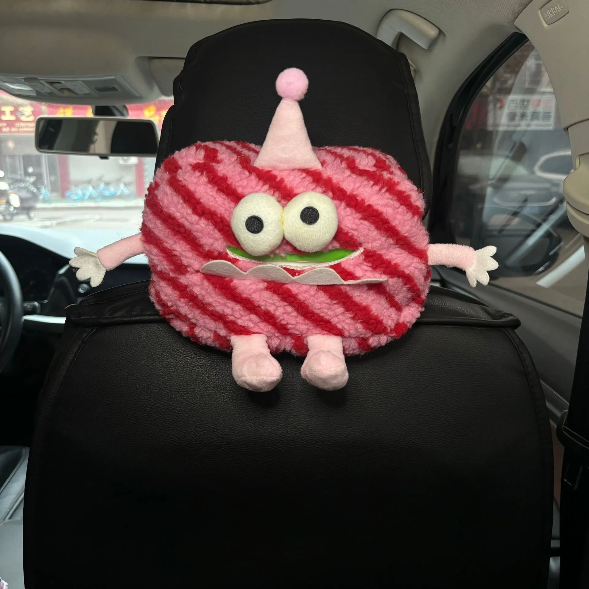 Hanging plush cartoon tissue box with elastic strap for car armrest or office chair mounting