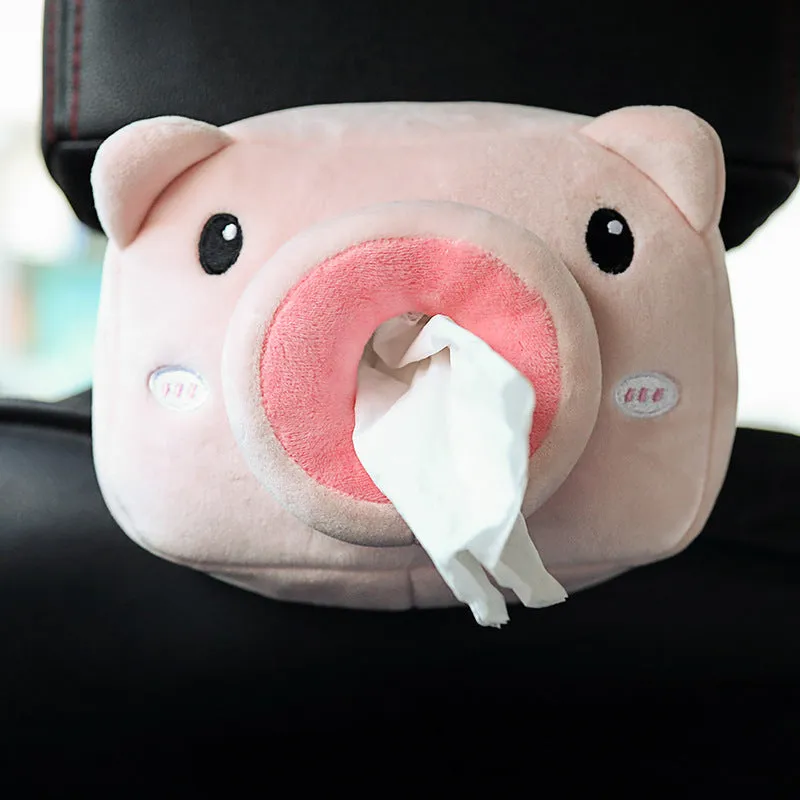 Hanging plush cartoon tissue box with elastic strap for car armrest or office chair mounting