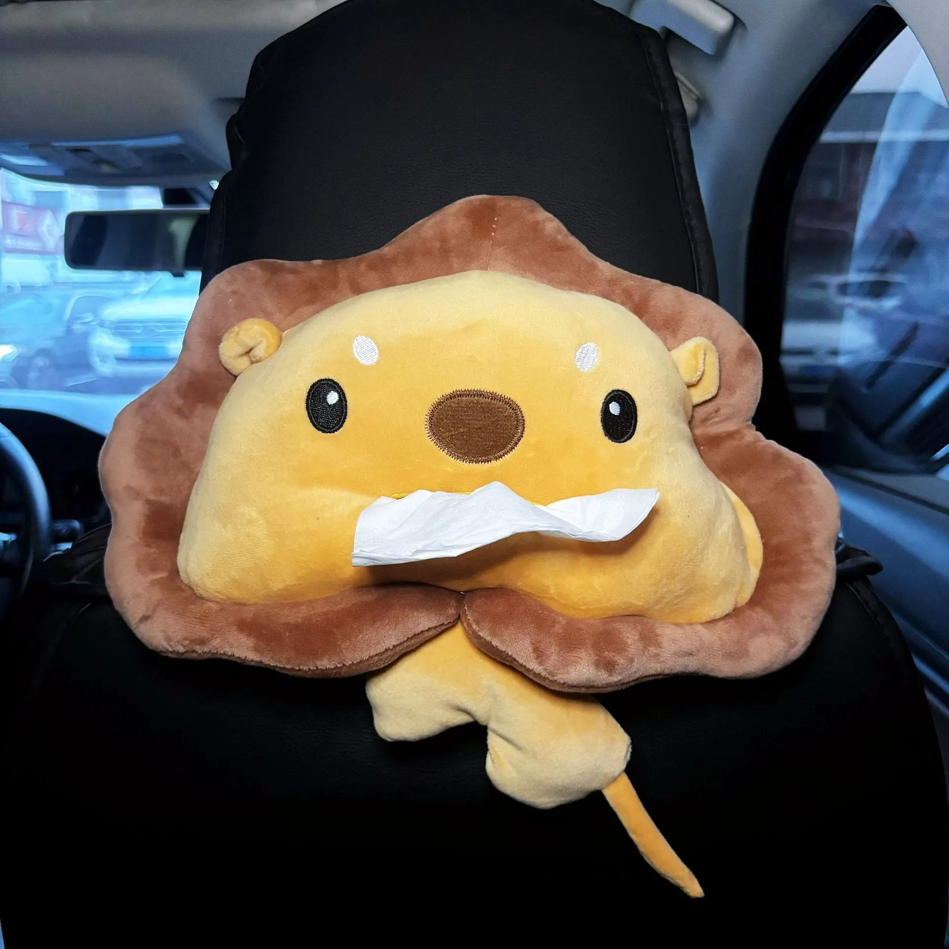 Hanging plush cartoon tissue box with elastic strap for car armrest or office chair mounting