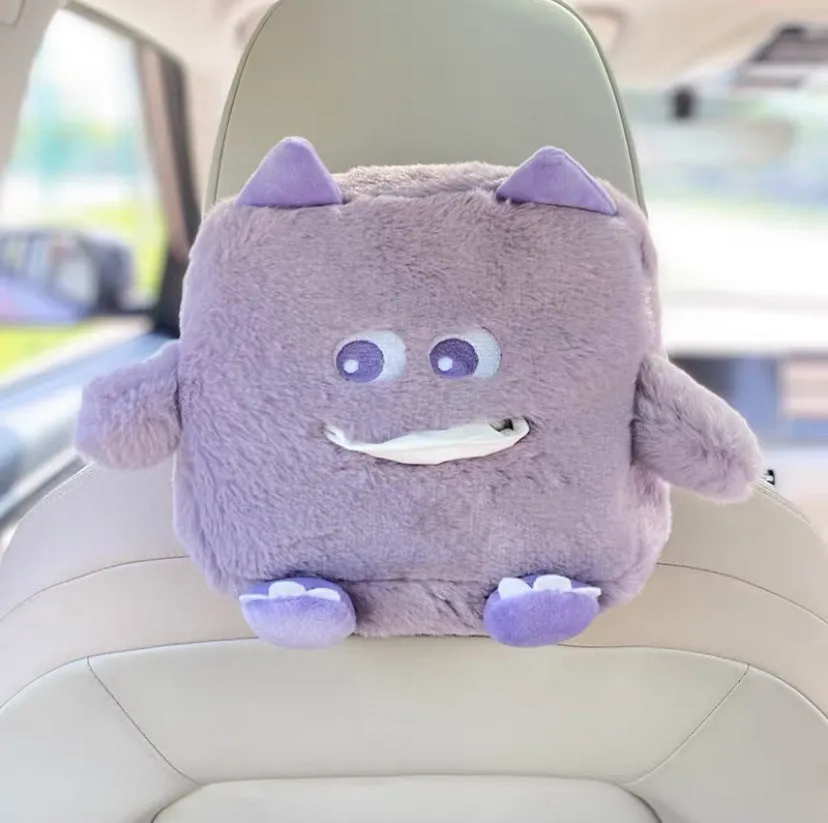 Hanging plush cartoon tissue box with elastic strap for car armrest or office chair mounting