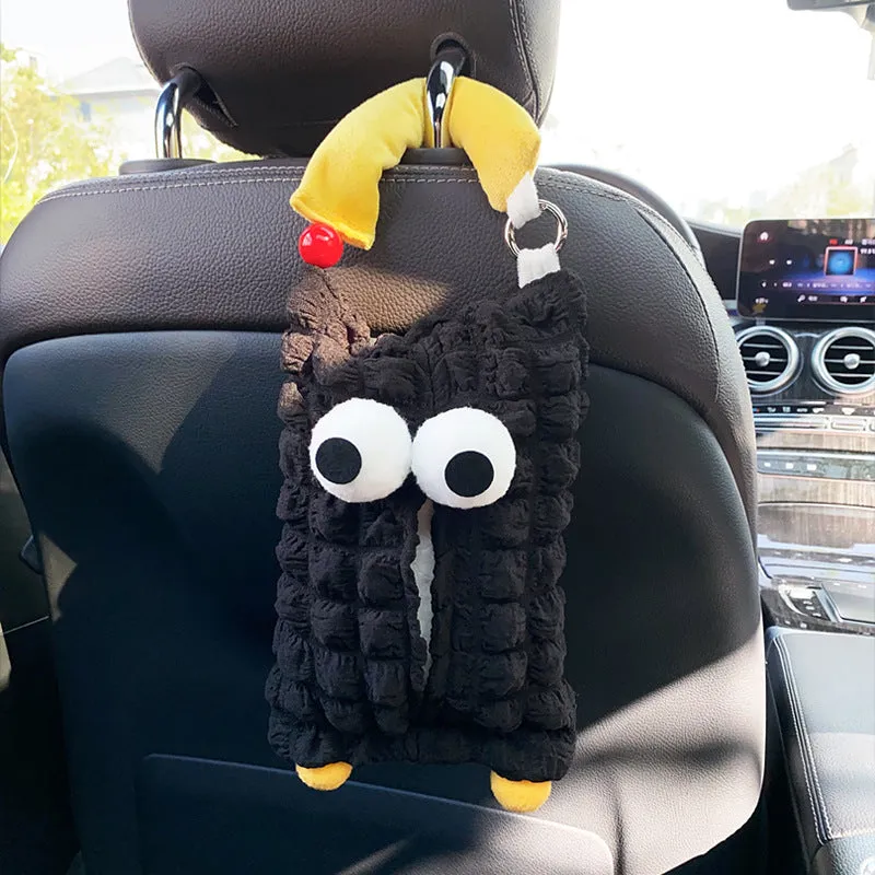 Hanging plush cartoon tissue box with elastic strap for car armrest or office chair mounting
