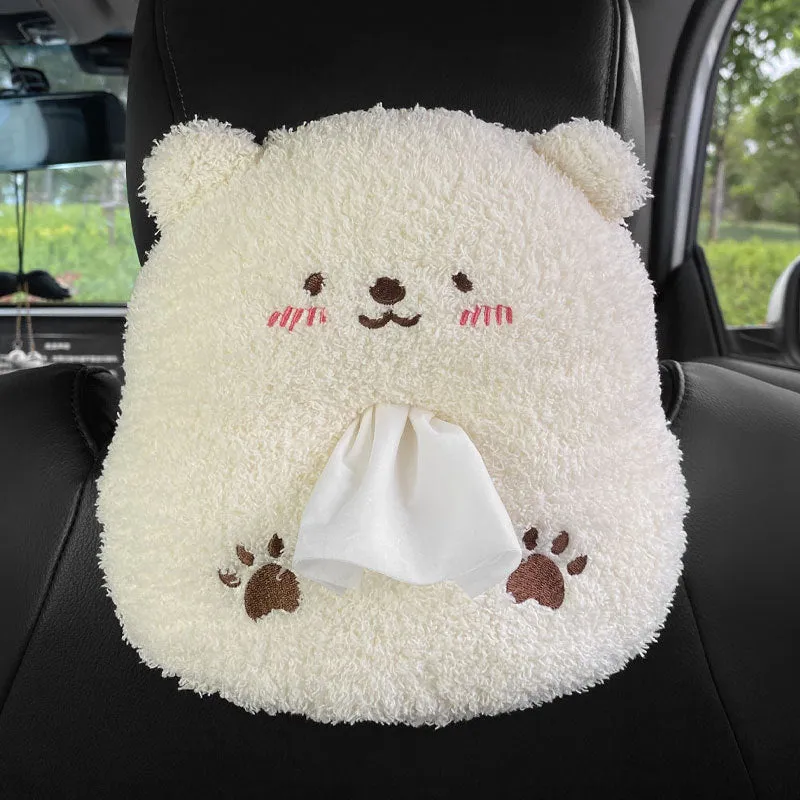 Hanging plush cartoon tissue box with elastic strap for car armrest or office chair mounting