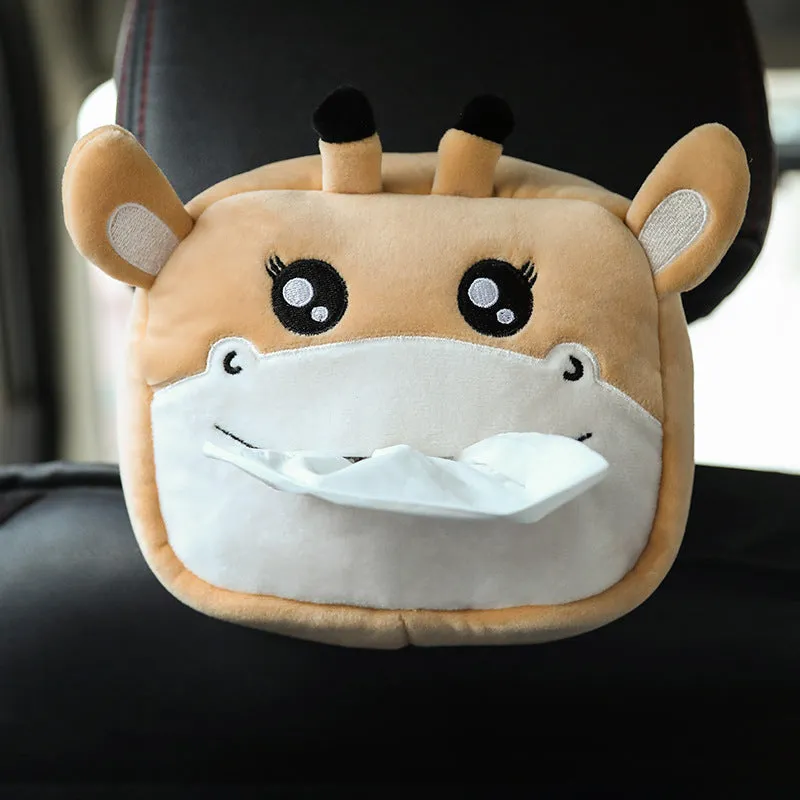 Hanging plush cartoon tissue box with elastic strap for car armrest or office chair mounting