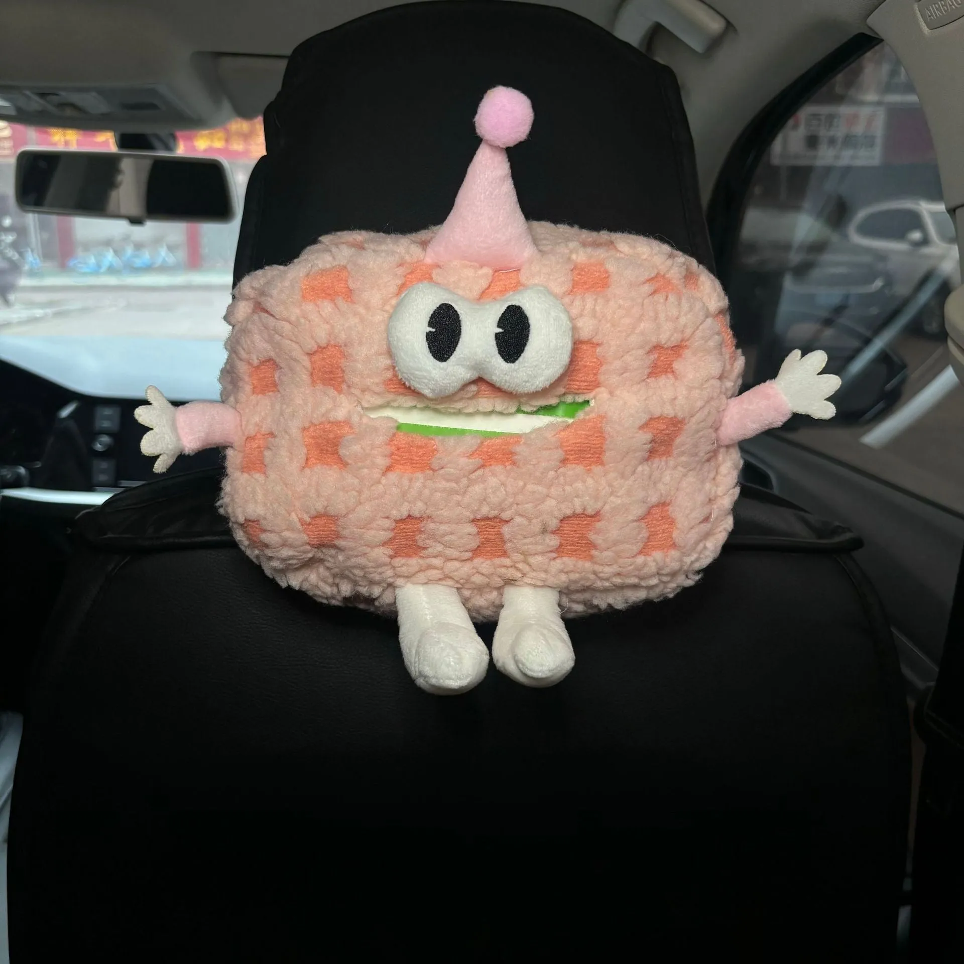 Hanging plush cartoon tissue box with elastic strap for car armrest or office chair mounting
