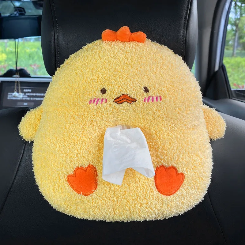 Hanging plush cartoon tissue box with elastic strap for car armrest or office chair mounting