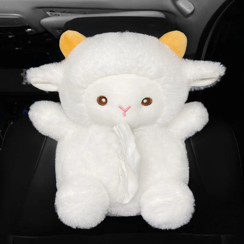 Hanging plush cartoon tissue box with elastic strap for car armrest or office chair mounting