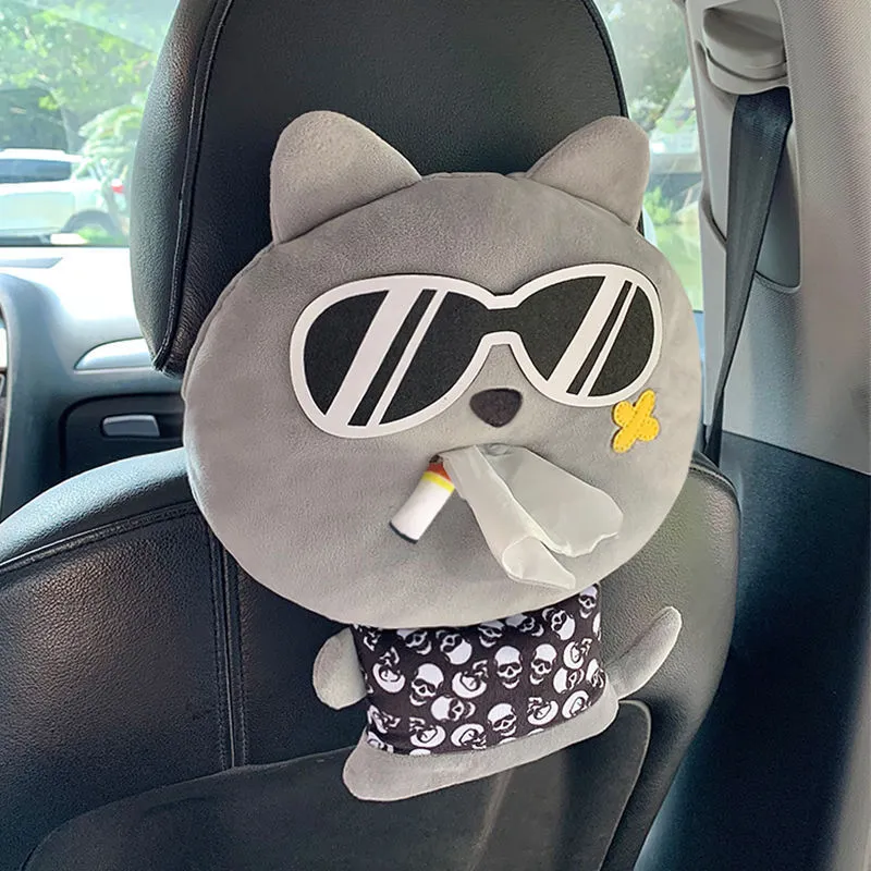 Hanging plush cartoon tissue box with elastic strap for car armrest or office chair mounting