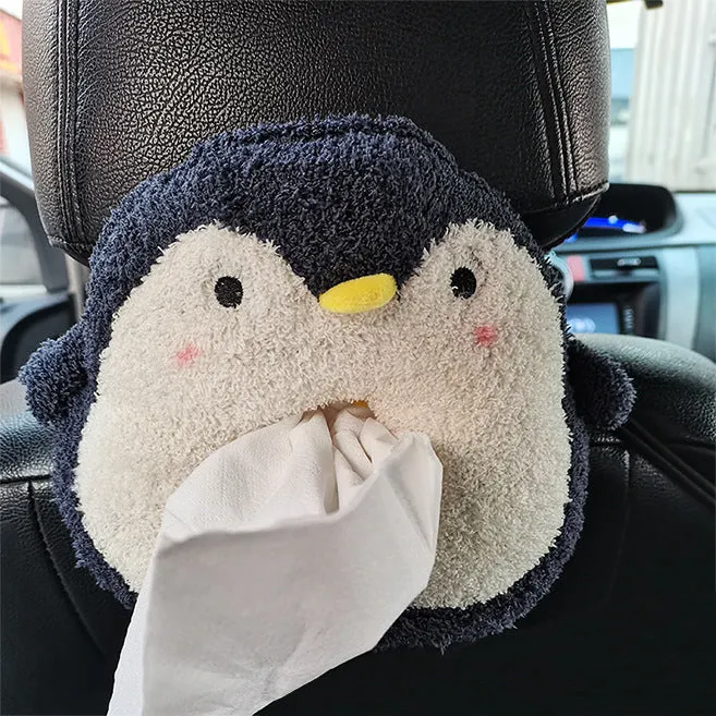 Hanging plush cartoon tissue box with elastic strap for car armrest or office chair mounting