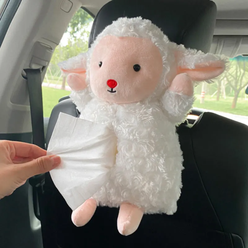 Hanging plush cartoon tissue box with elastic strap for car armrest or office chair mounting