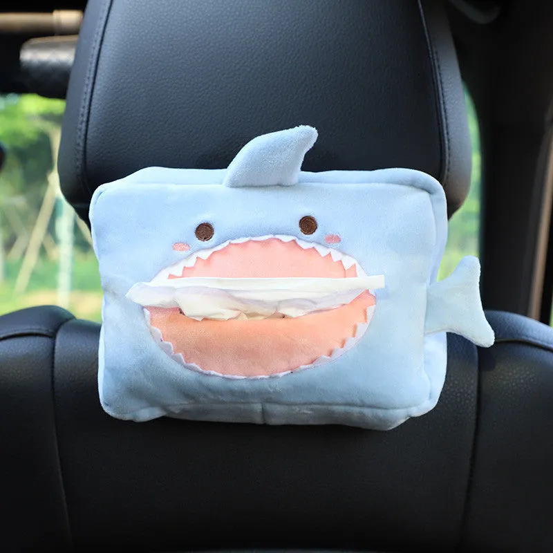 Hanging plush cartoon tissue box with elastic strap for car armrest or office chair mounting