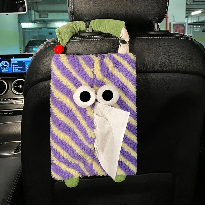 Hanging plush cartoon tissue box with elastic strap for car armrest or office chair mounting