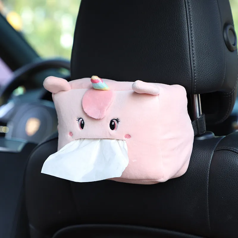 Hanging plush cartoon tissue box with elastic strap for car armrest or office chair mounting