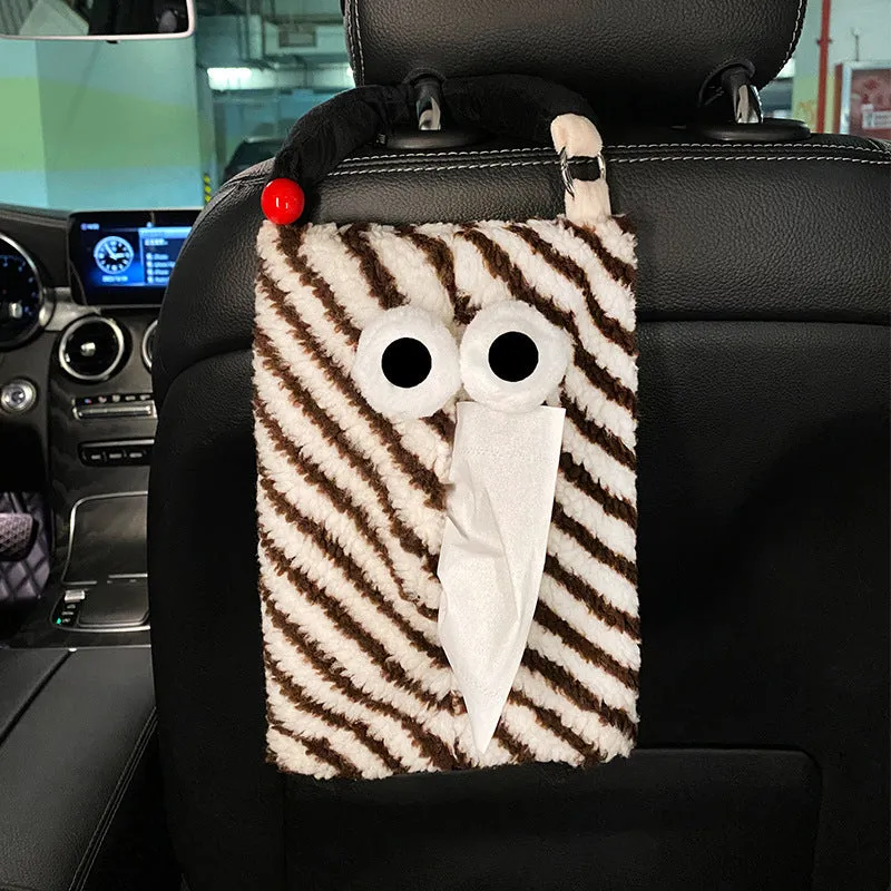Hanging plush cartoon tissue box with elastic strap for car armrest or office chair mounting