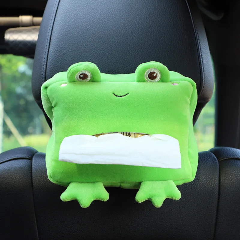 Hanging plush cartoon tissue box with elastic strap for car armrest or office chair mounting