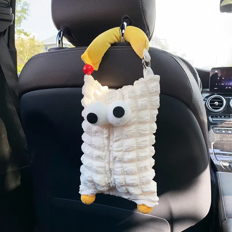 Hanging plush cartoon tissue box with elastic strap for car armrest or office chair mounting