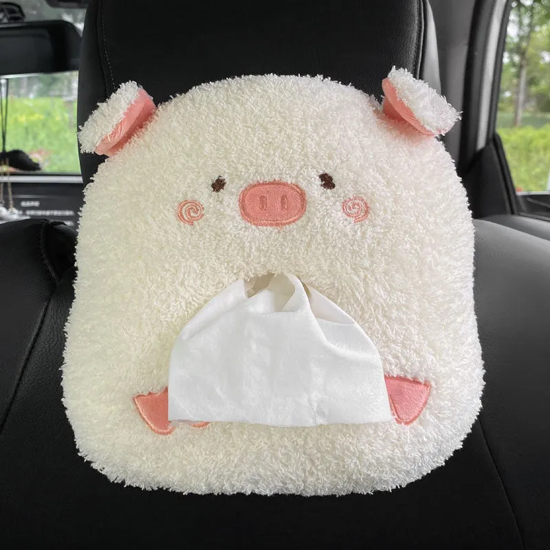 Hanging plush cartoon tissue box with elastic strap for car armrest or office chair mounting