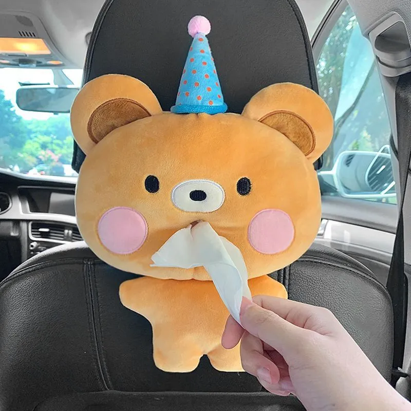 Hanging plush cartoon tissue box with elastic strap for car armrest or office chair mounting
