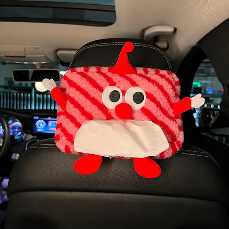 Hanging plush cartoon tissue box with elastic strap for car armrest or office chair mounting