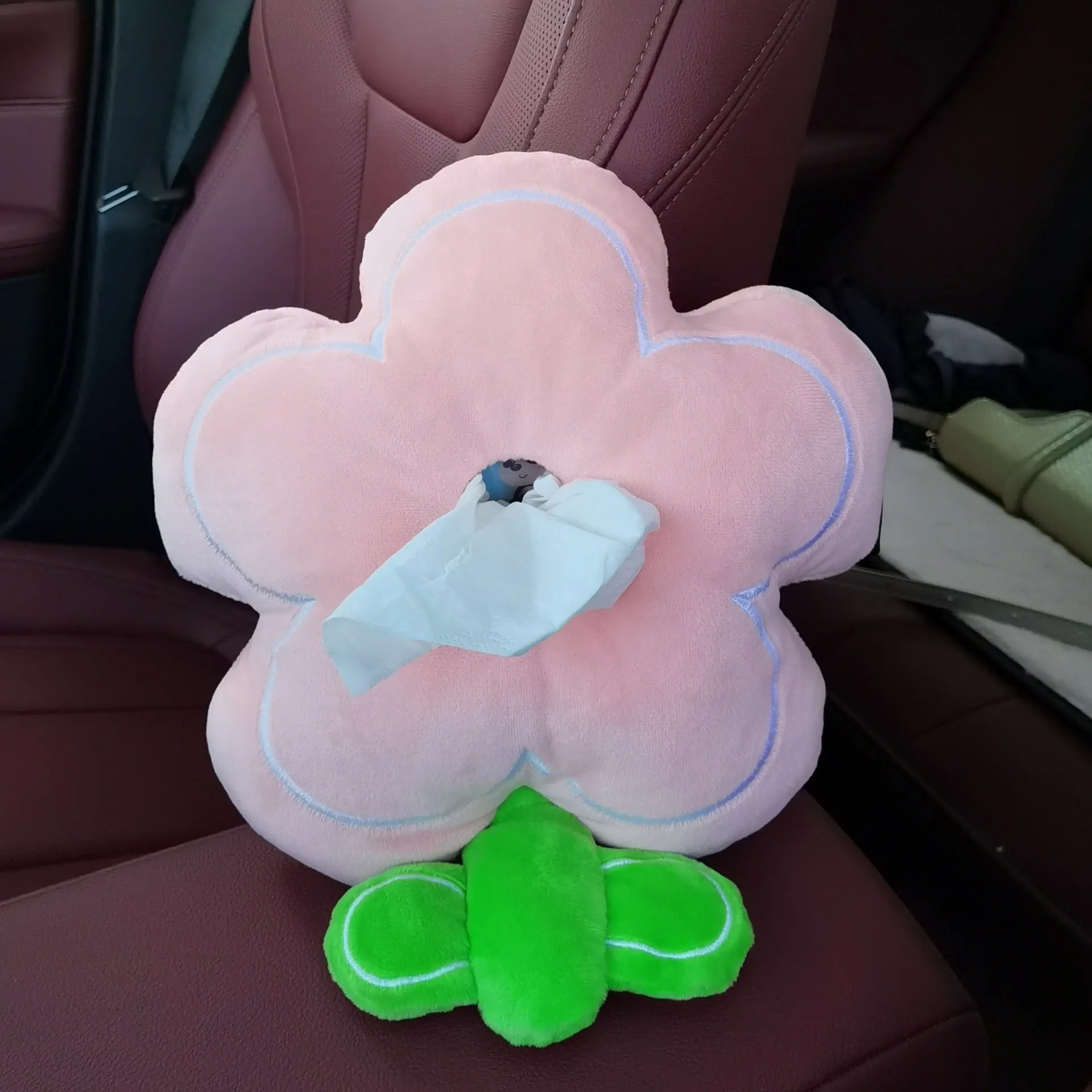 Hanging plush cartoon tissue box with elastic strap for car armrest or office chair mounting