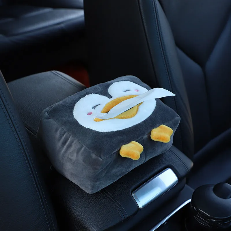 Hanging plush cartoon tissue box with elastic strap for car armrest or office chair mounting