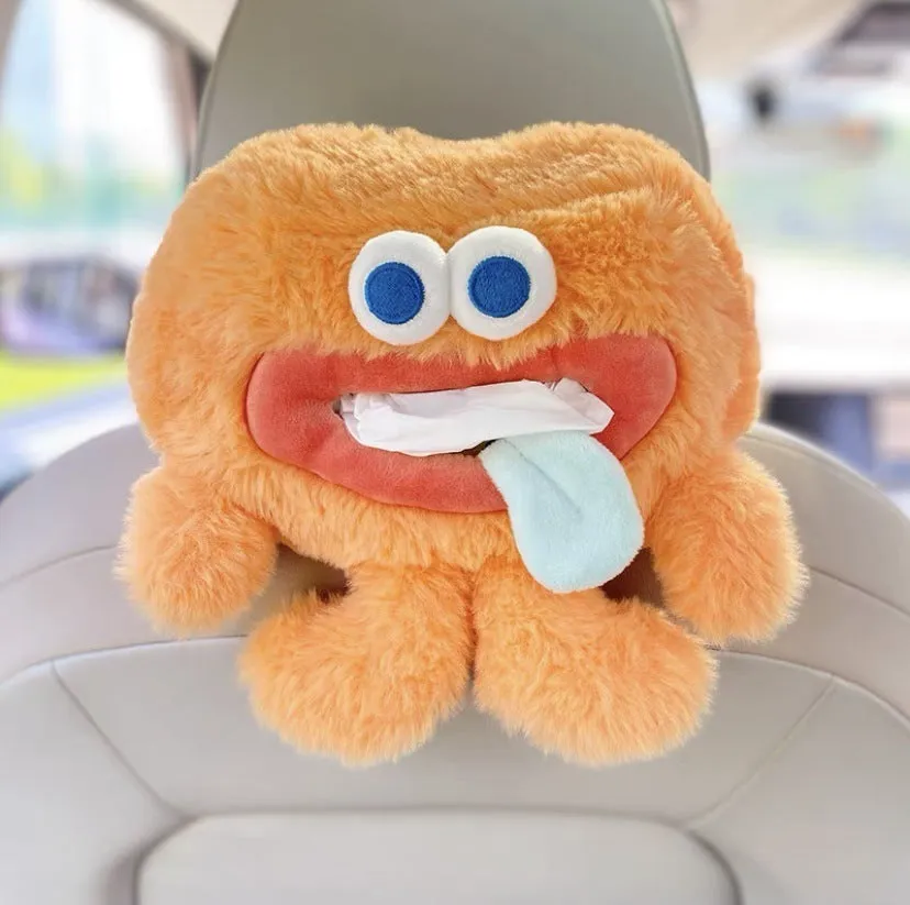 Hanging plush cartoon tissue box with elastic strap for car armrest or office chair mounting