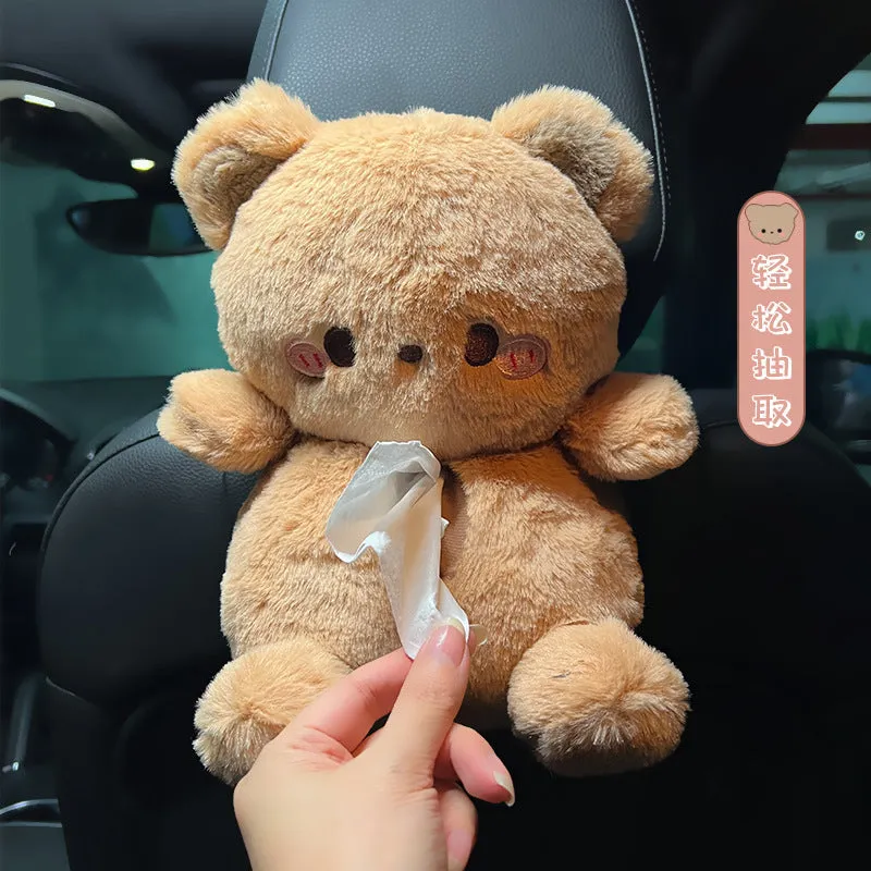 Hanging plush cartoon tissue box with elastic strap for car armrest or office chair mounting