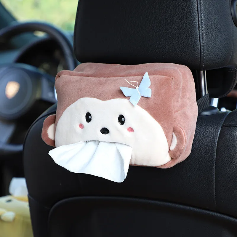 Hanging plush cartoon tissue box with elastic strap for car armrest or office chair mounting