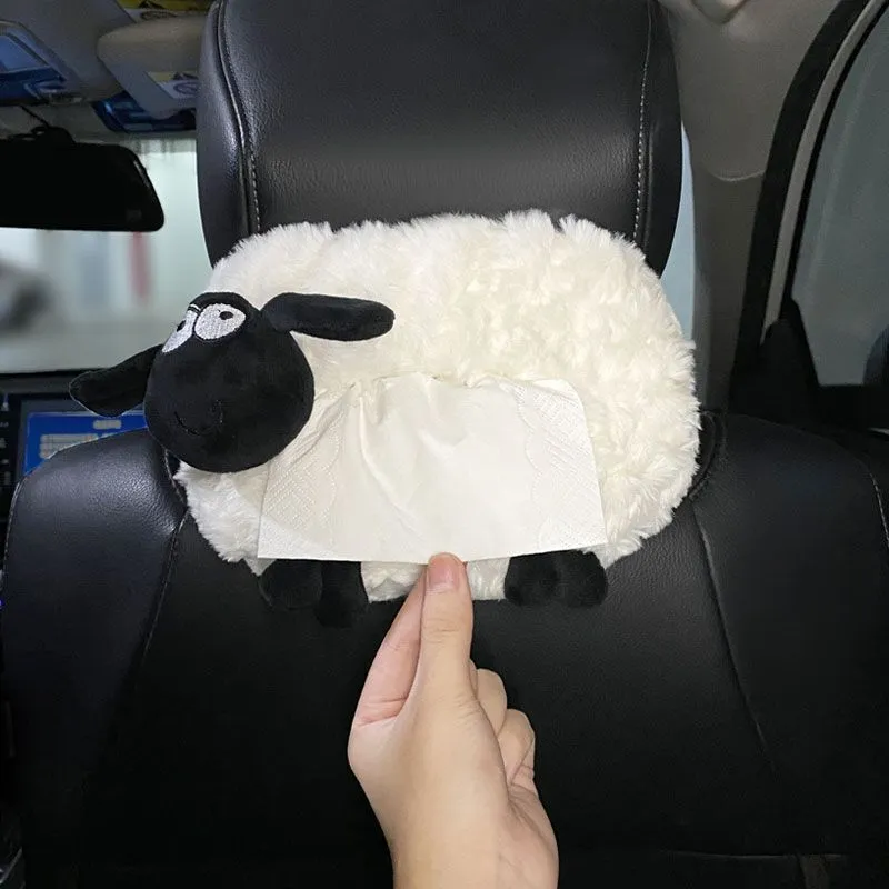 Hanging plush cartoon tissue box with elastic strap for car armrest or office chair mounting