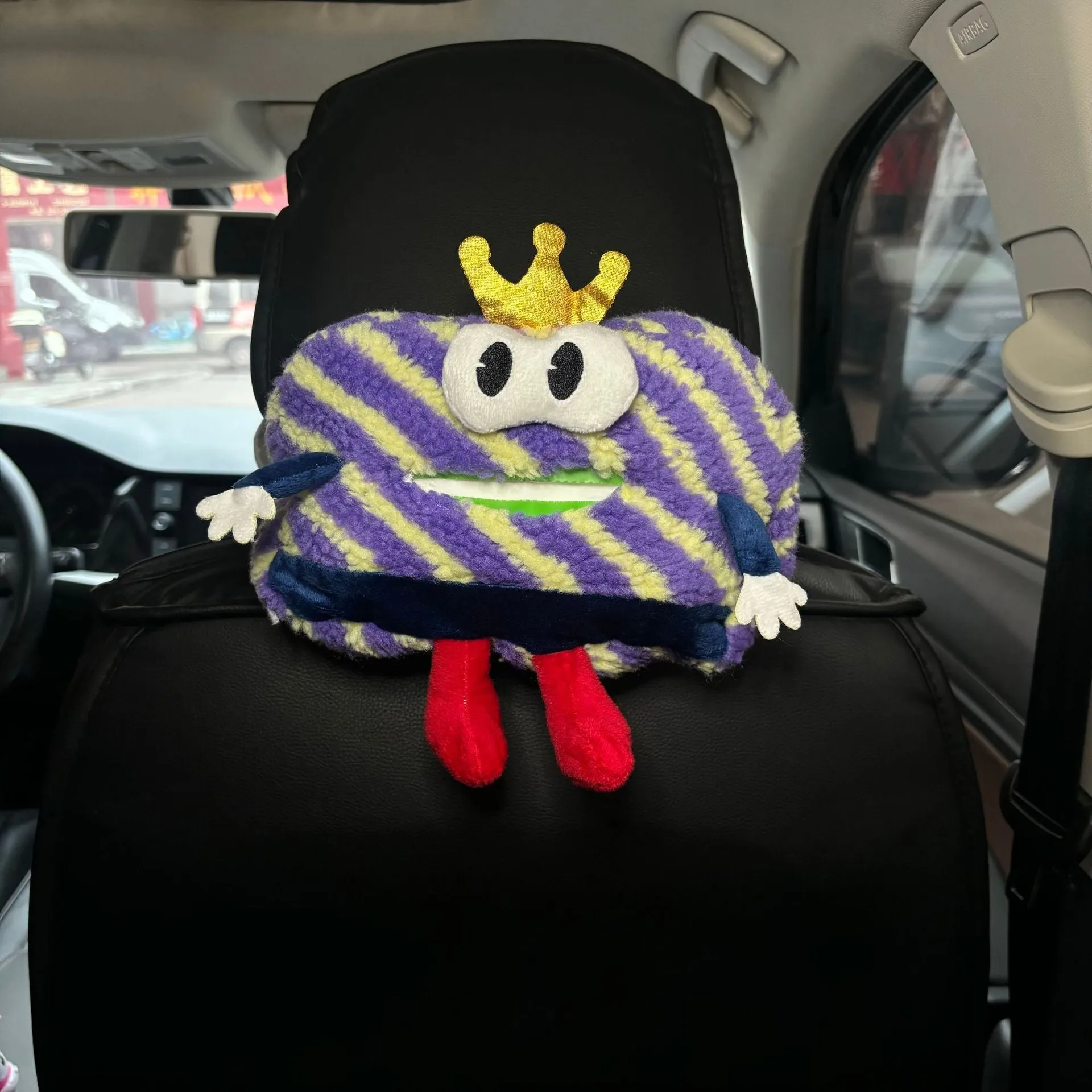 Hanging plush cartoon tissue box with elastic strap for car armrest or office chair mounting