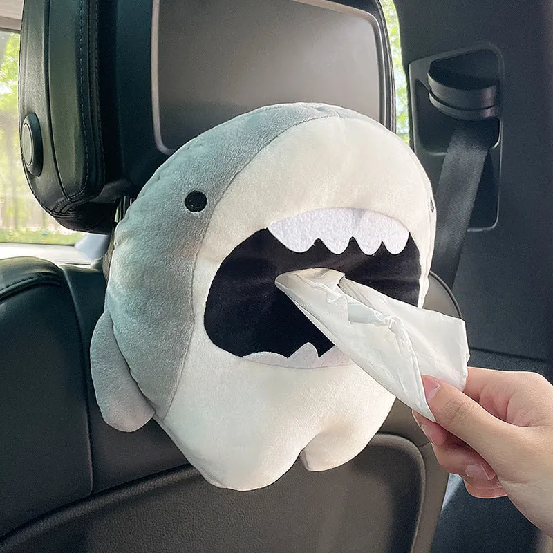 Hanging plush cartoon tissue box with elastic strap for car armrest or office chair mounting