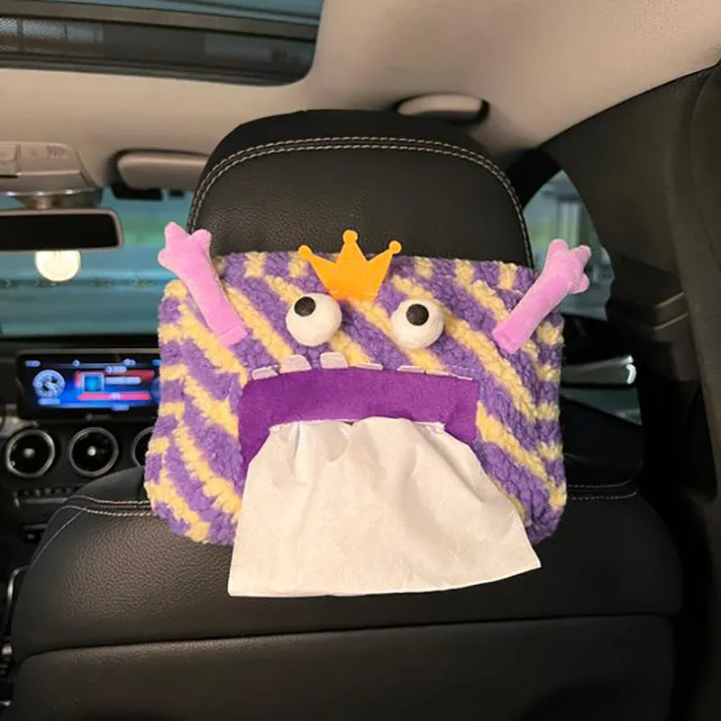 Hanging plush cartoon tissue box with elastic strap for car armrest or office chair mounting