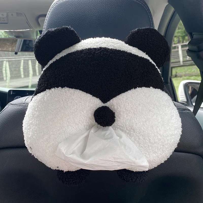 Hanging plush cartoon tissue box with elastic strap for car armrest or office chair mounting