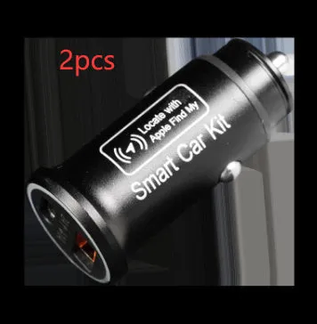 Black car GPS locator device plugged into a vehicle's 12V power socket for tracking.