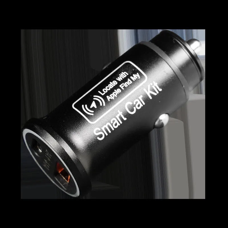 Black car GPS locator device plugged into a vehicle's 12V power socket for tracking.