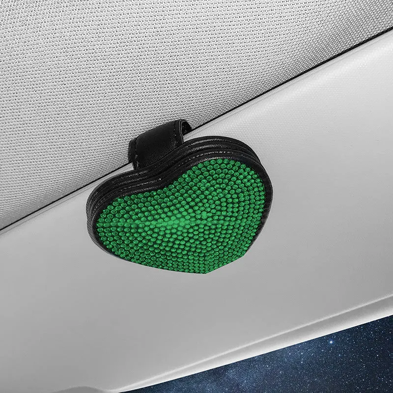 Magnetic PU leather car sun visor clip holding a pair of glasses, shown in a diamond-pattern colour.