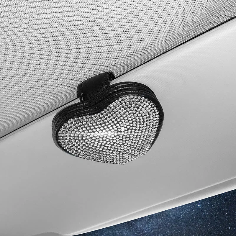 Magnetic PU leather car sun visor clip holding a pair of glasses, shown in a diamond-pattern colour.