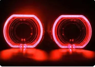 Angel eye LED halo light ring with integrated polymer plastic cover, shown in blue light, for vehicle headlight upgrade.