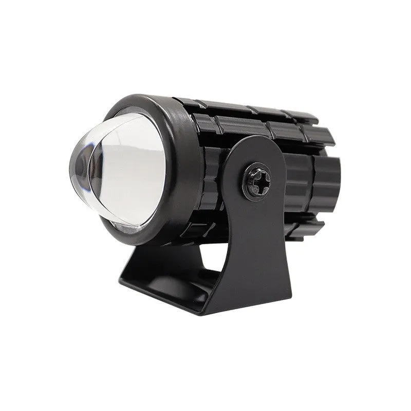 Motorcycle auxiliary spotlight with two-colour lens options, showing aluminium and polycarbonate housing.
