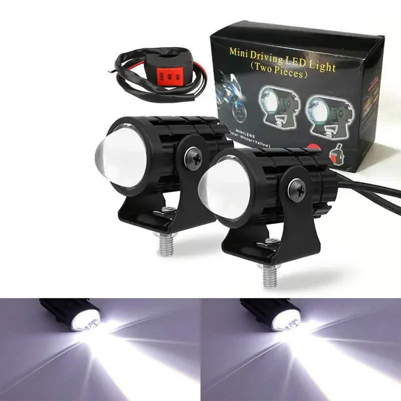 Motorcycle auxiliary spotlight with two-colour lens options, showing aluminium and polycarbonate housing.