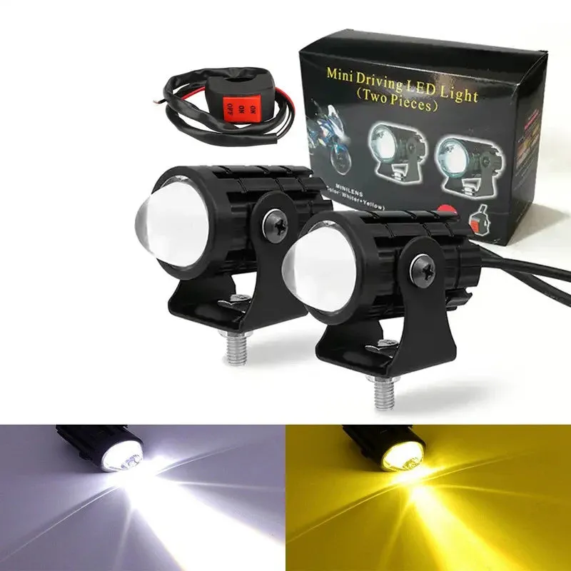 Motorcycle auxiliary spotlight with two-colour lens options, showing aluminium and polycarbonate housing.