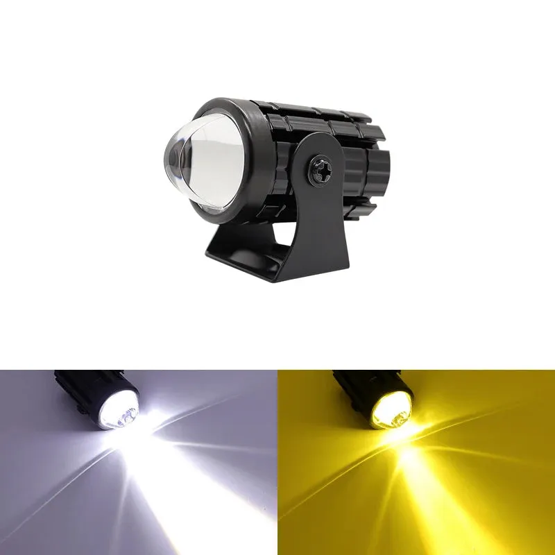 Motorcycle auxiliary spotlight with two-colour lens options, showing aluminium and polycarbonate housing.