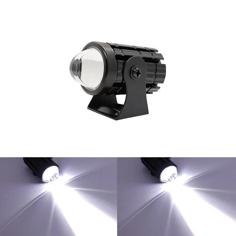 Motorcycle auxiliary spotlight with two-colour lens options, showing aluminium and polycarbonate housing.