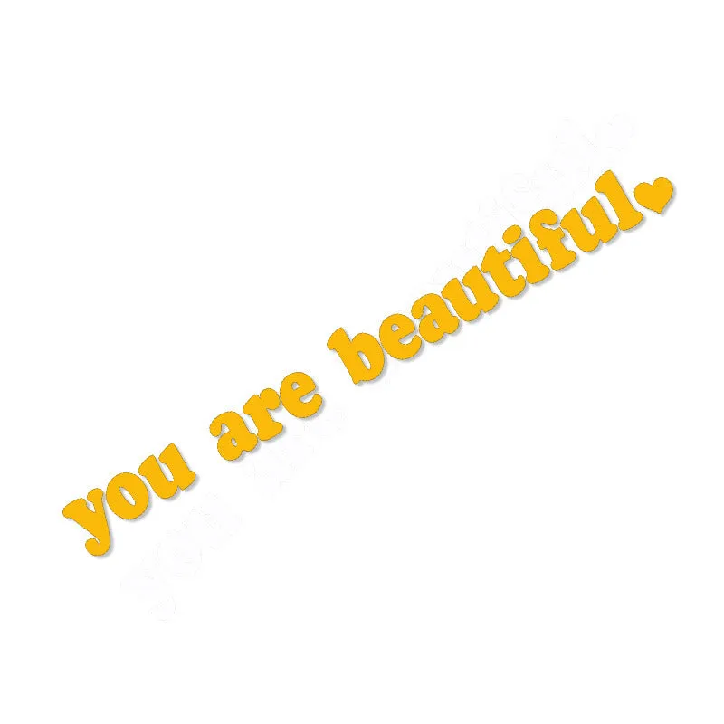 You Are Beautiful sport PVC vinyl stickers in nine colours showing laser and gold finishes with dimensions