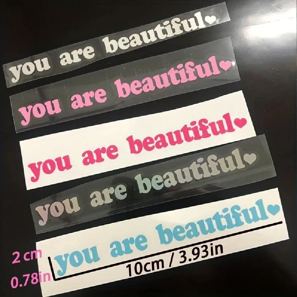 You Are Beautiful sport PVC vinyl stickers in nine colours showing laser and gold finishes with dimensions